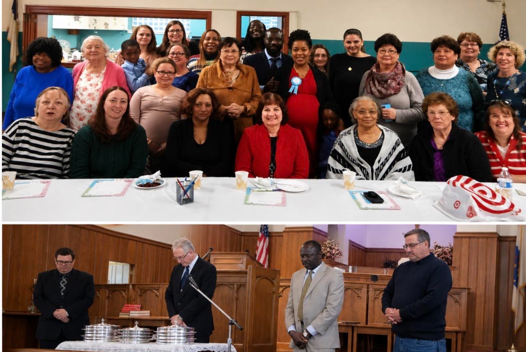 Church members gathered around a table and leaders standing together at the altar during worship