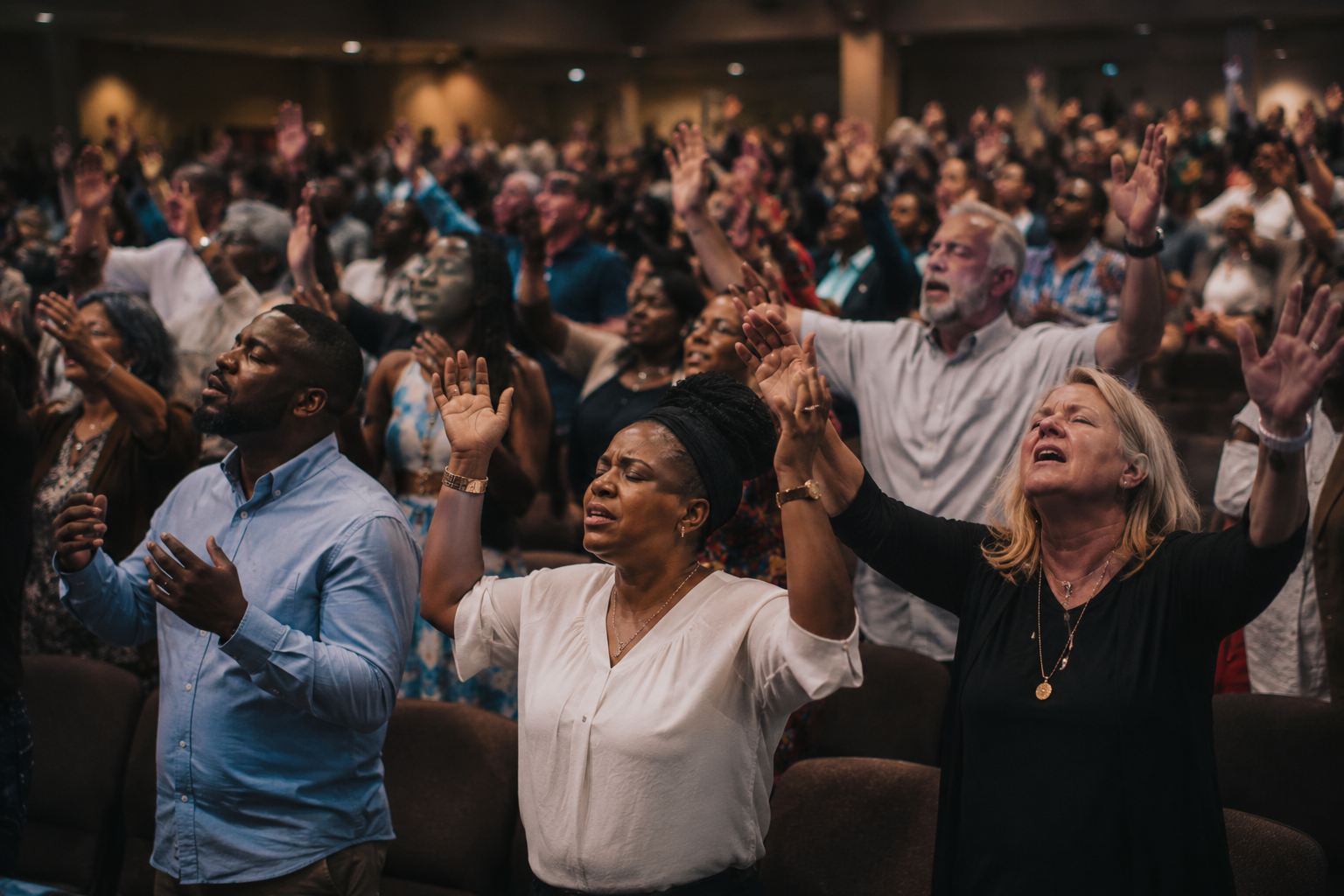 A diverse congregation singing with hands raised in worship